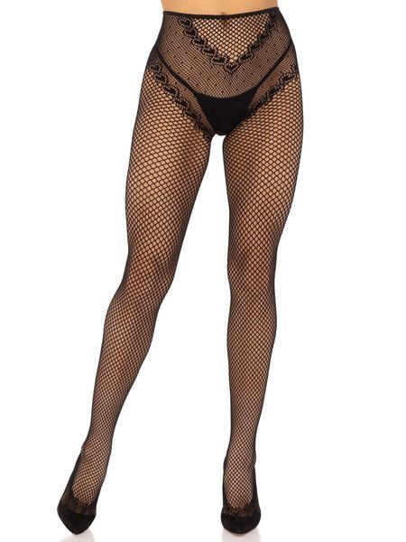 Стрип-колготки Leg Avenue Crotchless Net Tights with Heart Backseam, One Size, чорні, з доступом SX1051 фото