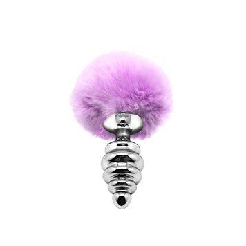 Металева анальна пробка Кролячий хвостик фіолетова, Alive Fluffy Twist Plug розмір M, діаметр 3,4 см SO6308 фото