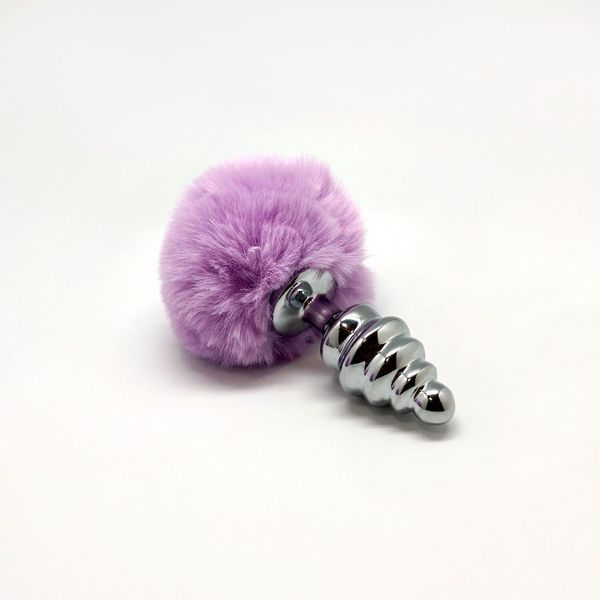 Металева анальна пробка Кролячий хвостик фіолетова, Alive Fluffy Twist Plug розмір M, діаметр 3,4 см SO6308 фото