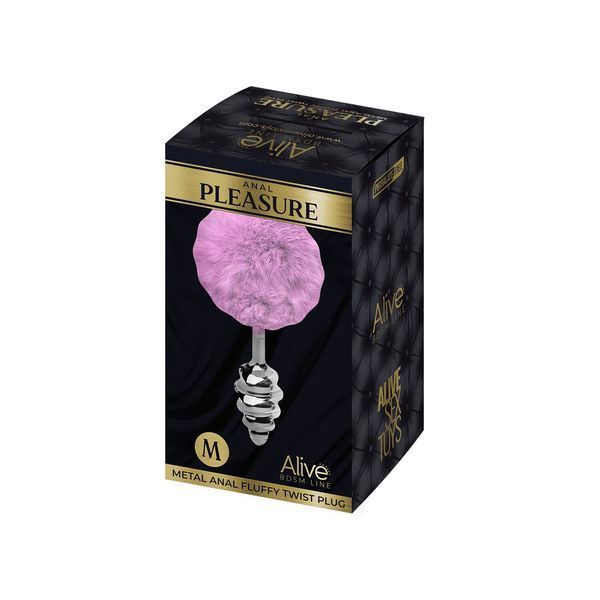 Металева анальна пробка Кролячий хвостик фіолетова, Alive Fluffy Twist Plug розмір M, діаметр 3,4 см SO6308 фото