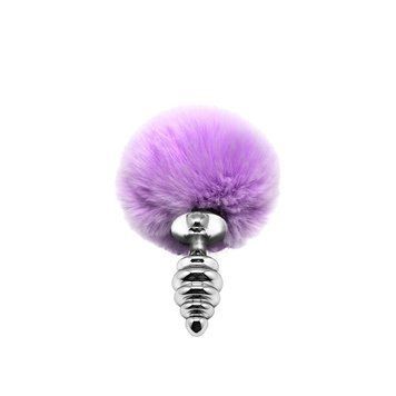 Металева анальна пробка Кролячий хвостик фіолетова Alive Fluffy Twist Plug розмір S, діаметр 2,9 см SO6306 фото
