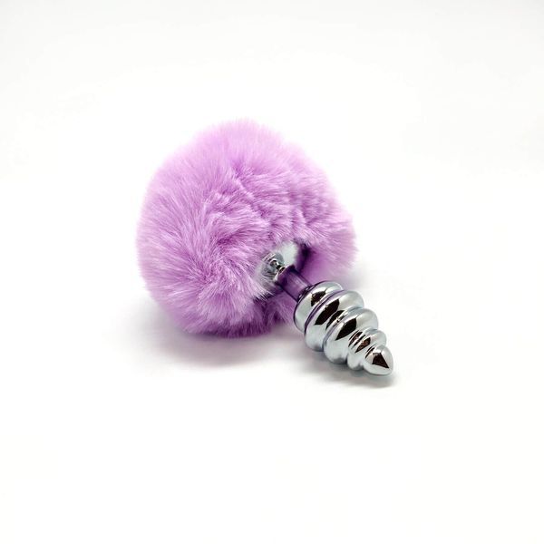 Металева анальна пробка Кролячий хвостик фіолетова Alive Fluffy Twist Plug розмір S, діаметр 2,9 см SO6306 фото