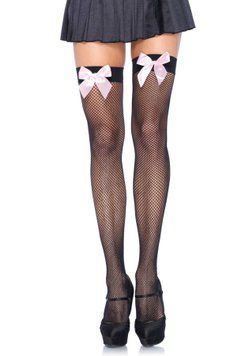 Панчохи-сітка з атласним бантиком Leg Avenue Fishnet Thigh Highs One size, Black With Bow Pink SO8596 фото
