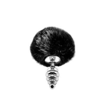 Металева анальна пробка Кролячий хвостик чорна, Alive Fluffy Twist Plug розмір S, діаметр 2,9 см SO6307 фото