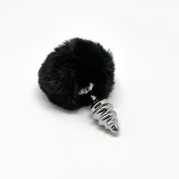 Металева анальна пробка Кролячий хвостик чорна, Alive Fluffy Twist Plug розмір S, діаметр 2,9 см SO6307 фото