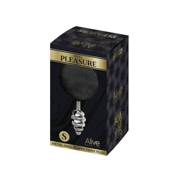 Металева анальна пробка Кролячий хвостик чорна, Alive Fluffy Twist Plug розмір S, діаметр 2,9 см SO6307 фото