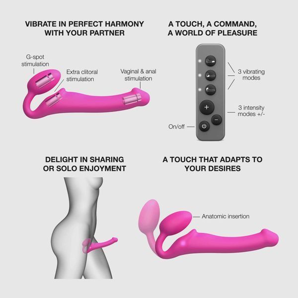 Безремінний страпон з вібрацією Strap-On-Me Vibrating Fuchsia L, діаметр 3,7см, пульт ДК, регульований SX2572 фото