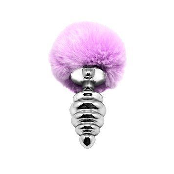 Металева анальна пробка Кролячий хвостик фіолетовий, Alive Fluffy Twist Plug розмір L, діаметр 3,8 см SO6310 фото