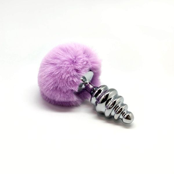 Металева анальна пробка Кролячий хвостик фіолетовий, Alive Fluffy Twist Plug розмір L, діаметр 3,8 см SO6310 фото