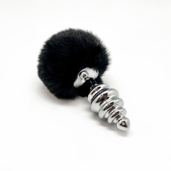 Металева анальна пробка Кролячий хвостик, чорний Alive Fluffy Twist Plug розмір L, діаметр 3,8 см SO6311 фото