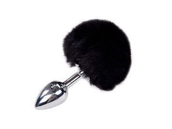 Металева анальна пробка Кролячий хвостик чорний, Alive Fluffy Plug розмір S, діаметр 2,8 см SO6312 фото