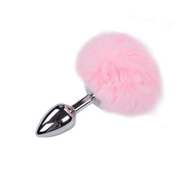 Металева анальна пробка Кролячий хвостик рожевий, Alive Fluffy Plug розмір S, діаметр 2,8 см SO6313 фото