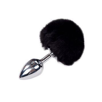Металева анальна пробка Кролячий хвостик чорний, Alive Fluffy Plug розмір M, діаметр 3,4 см SO6315 фото