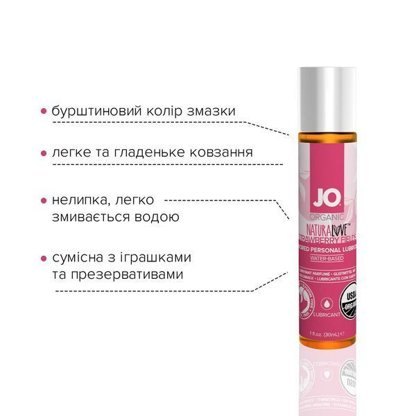 Змазка на водній основі JO NATURALOVE Strawberry (30 мл) з екстрактом ромашки та листя агави SO1491 фото
