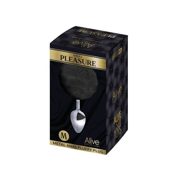Металева анальна пробка Кролячий хвостик чорний, Alive Fluffy Plug розмір M, діаметр 3,4 см SO6315 фото