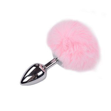 Металева анальна пробка Кролячий хвостик рожевий, Alive Fluffy Plug розмір M, діаметр 3,4 см SO6316 фото