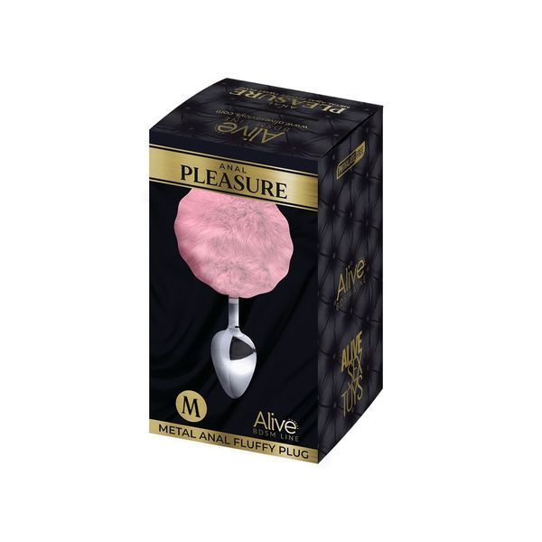 Металева анальна пробка Кролячий хвостик рожевий, Alive Fluffy Plug розмір M, діаметр 3,4 см SO6316 фото