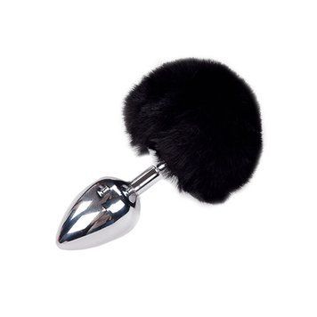 Металева анальна пробка Кролячий хвостик чорний, Alive Fluffy Plug розмір L, діаметр 3,9 см SO6318 фото