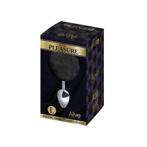 Металева анальна пробка Кролячий хвостик чорний, Alive Fluffy Plug розмір L, діаметр 3,9 см SO6318 фото