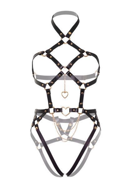 Портупея-тедді з екошкіри Leg Avenue Heart ring harness teddy M, Black, підвіска-сердечко, ланцюги SO8564 фото