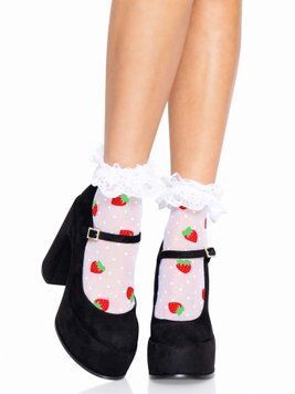 Шкарпетки жіночі з полуничним принтом Leg Avenue Strawberry ruffle top anklets One size, мереживні м SO8583 фото