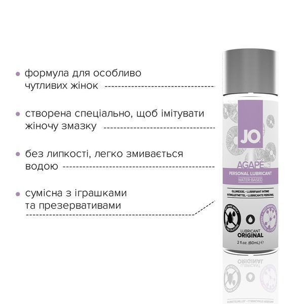 Змазка на водній основі JO AGAPE &mdash; ORIGINAL (60 мл) без гліцерину, гліколю та парабенів SO1685 фото