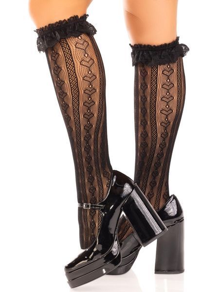 Гольфи ажурні Leg Avenue Sweetheart Ruffle Cuff Knee Highs, чорні, з рюшами, малюнок-сердечка SX1048 фото